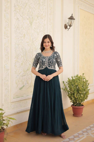 Rama blue colour embroidery sequence work gown -Designer Suit M / Blue women's fashion mart