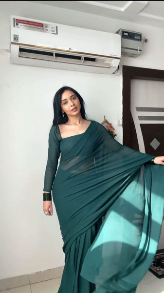 Ready to wear georgette saree -Silk Saree Dark Green women's fashion mart