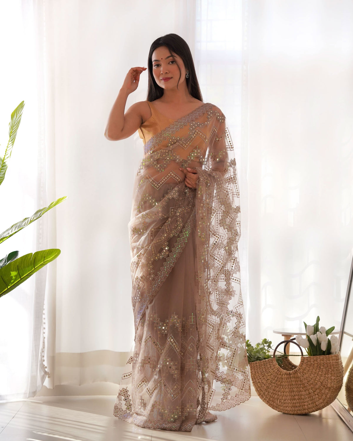 Tortilla brown colour sequence embroidery work net saree -Net Saree Brown women's fashion mart