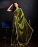 Mehendi green colour real mirror diamond work saree -Net Saree Green women's fashion mart