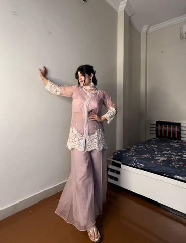 Glimmering Sequence Embroidery Work Pink Color Palazzo Suit