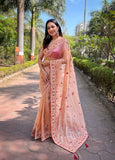 Multi thread embroidery work saree -Net Saree Orange women's fashion mart
