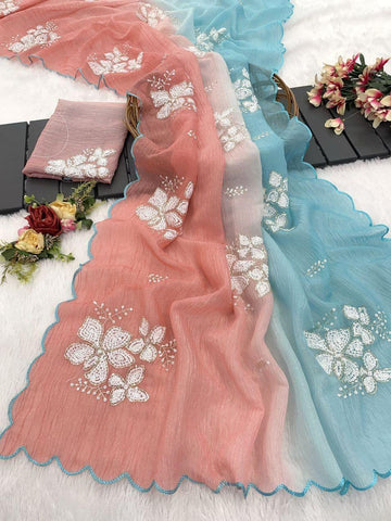 Awesome Embroidery Work Peach & Sky Multi Color Saree