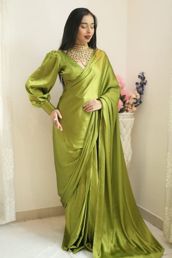1 - Min Satin Ready To Wear Saree With Blouse Piece - women's fashion mart