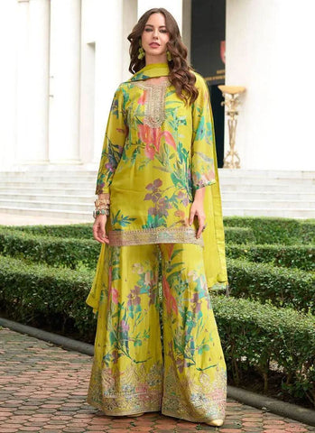 Lime Multicolored Embroidered and Printed Palazzo Suit -Salwar Kameez M women's fashion mart