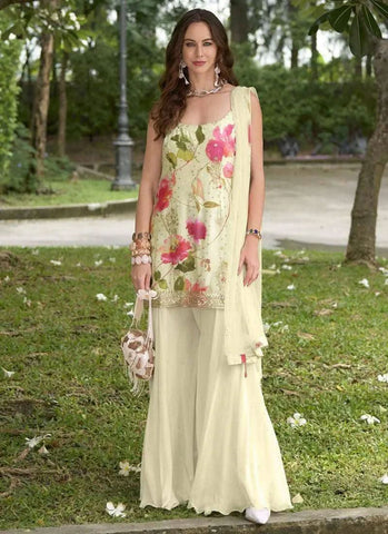 Off-White Multicolored Embroidered and Printed Palazzo Suit -Salwar Kameez M women's fashion mart