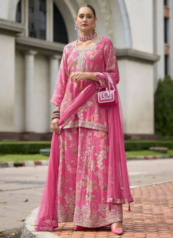 Rich Pink Embroidered and Printed Palazzo Suit -Salwar Kameez M women's fashion mart