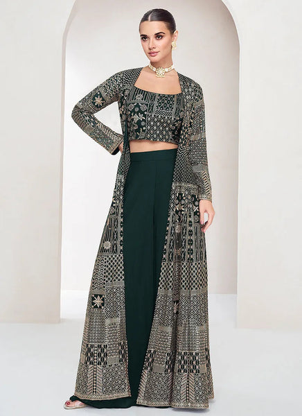 Fantastic Dark Green Embroidered Jacket Style Palazzo Suit - women's fashion mart