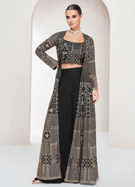 Eloquent Black Embroidered Jacket Style Palazzo Suit - women's fashion mart