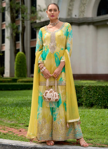 Designer Yellow Multicolored Embroidered and Printed Palazzo Suit - women's fashion mart