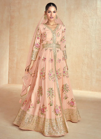 Pristine Peach Embroidered Slit Style Anarkali Suit - women's fashion mart
