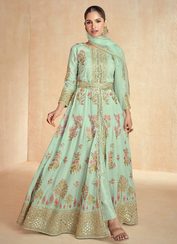 Fabulous Mint Green Multi Embroidery Slit Style Anarkali Suit - women's fashion mart