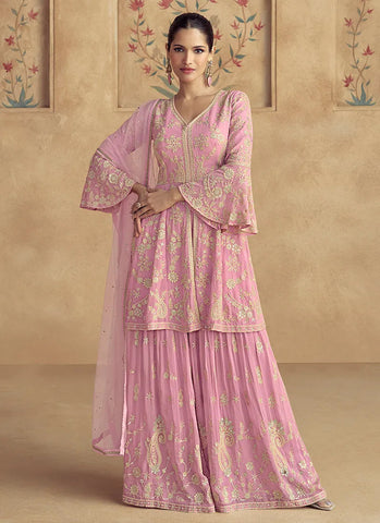 Flawless Soft Pink Traditional Embroidered Sharara Suit - women's fashion mart