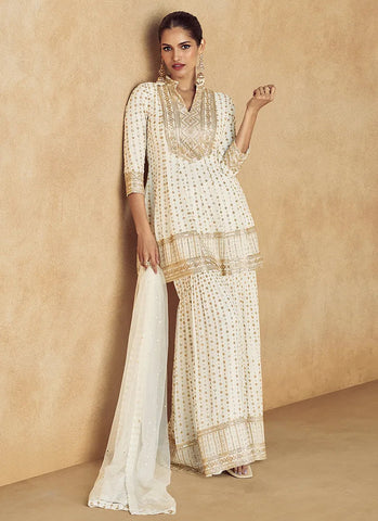 Superb Off-White Traditional Embroidered Sharara Suit - women's fashion mart