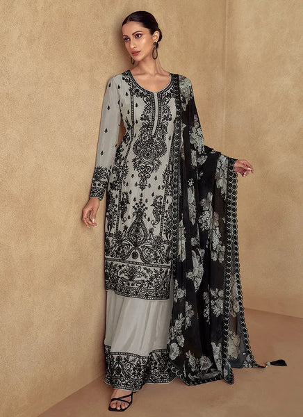 Dignified Deep Grey Thread Embroidered Traditional Palazzo Suit - women's fashion mart