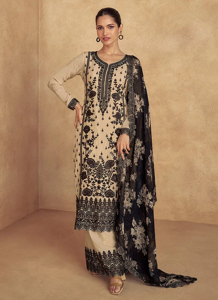 Outstanding Beige Thread Embroidered Traditional Palazzo Suit - women's fashion mart