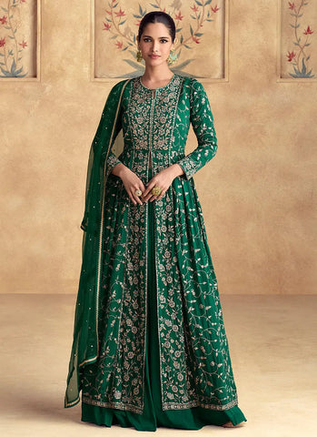 Formidable Dark Green Embroidered Anarkali Style Lehenga - women's fashion mart