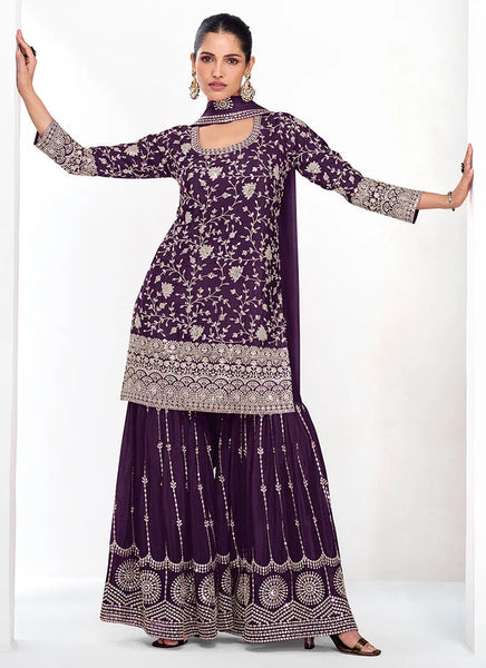 Celebrated Deep Purple Traditional Embroidered Palazzo Suit - women's fashion mart