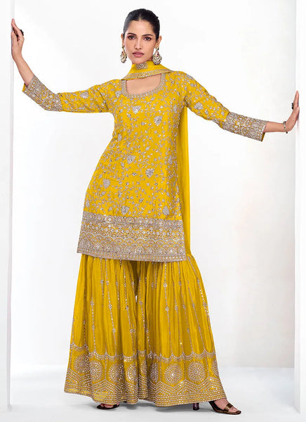 Glowing Yellow Traditional Embroidered Palazzo Suit - women's fashion mart