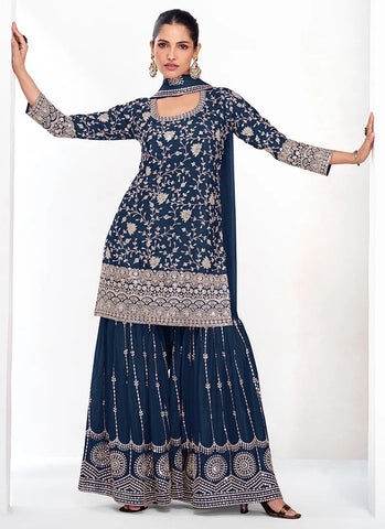 Dazzling Dark Blue Traditional Embroidered Palazzo Suit - women's fashion mart