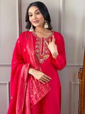 Classic Pinkish Red Embroidered Viscos Chanderi Salwar Kameez - women's fashion mart