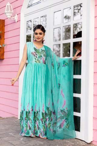 Stunning Printed Chinon Gown With Dupatta Set - women's fashion mart