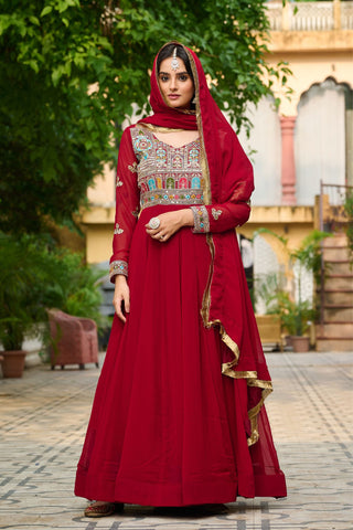 Ethnic Stylish Crafted Multi Thread Embroidered Work Gown With Dupatta Set