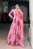 Premium Chiffon Floral Print Gown With Lace Detailing And Matching Dupatta