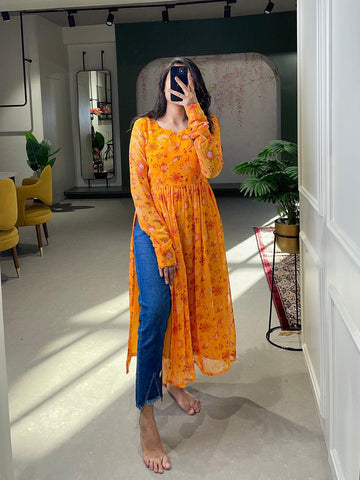 Yellow Color Floral Printed Georgette Naira Cut Kurti -naira cut kurti M Size women's fashion mart