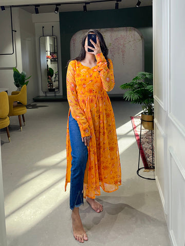 Yellow Color Floral Printed Georgette Naira Cut Kurti - women's fashion mart
