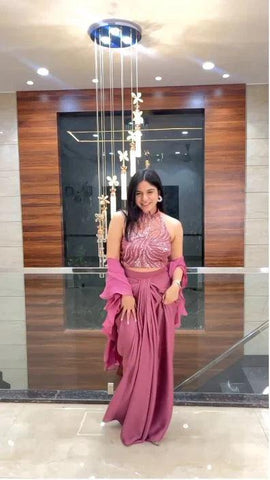 Alluring Pink Drape Skirt With Beautiful Pattern Blouse