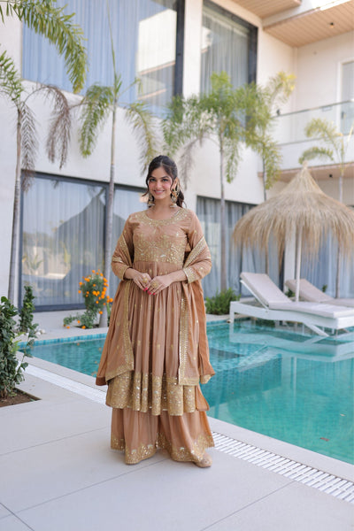 Premium Embroidered Kurti Sharara Dupatta Set For Women