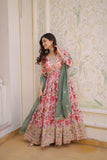 Designer Zari Sequins Embroidery With Printed Russian Silk Anarkali Suit