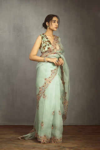 Thai organza Aari Embroidery work saree -Organza Saree Green women's fashion mart