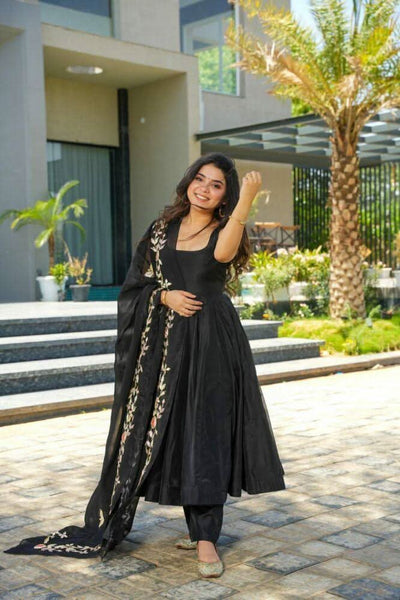 Black colour anarkali suit with embroidery work dupatta -Designer Suit M / Black women's fashion mart
