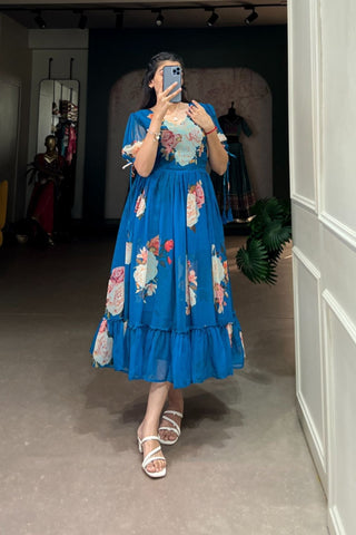 Firozi Floral Printed Georgette Dress - women's fashion mart