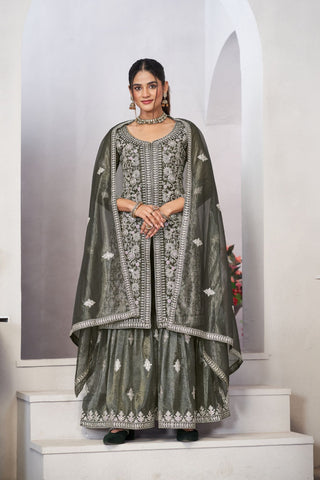 Olive Green Sequins Embroidered With Real Mirror Work Sharara Set Of 3 - women's fashion mart