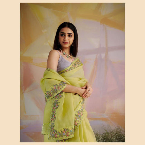 Thread multi Embroidered work Saree -Organza Saree Green women's fashion mart