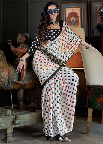 Marshmallow White Printed Satin Crepe Silk Saree
