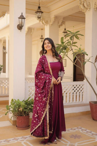 Wine colour embroidery work anarkali suit with dupatta -Designer Suit M / Purple women's fashion mart
