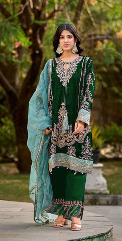 Wonderful Velvet Embroidery Work Green Color Salwar Suit