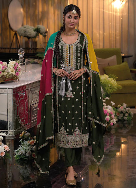 Marvelous Mehndi Green Embroidery Salwar Kameez Suit - women's fashion mart