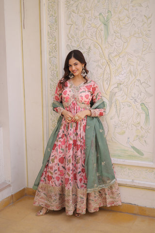 Designer Zari Sequins Embroidery With Printed Russian Silk Anarkali Suit