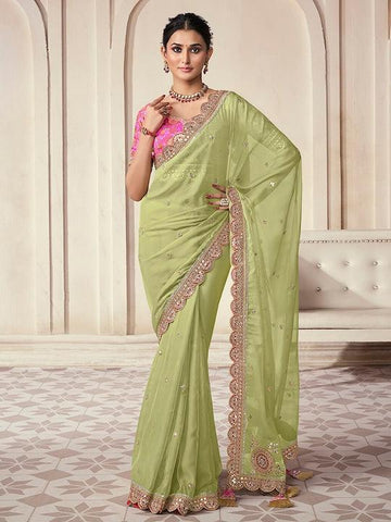 Lime green Organza Embroidered with pink Blouse - women's fashion mart