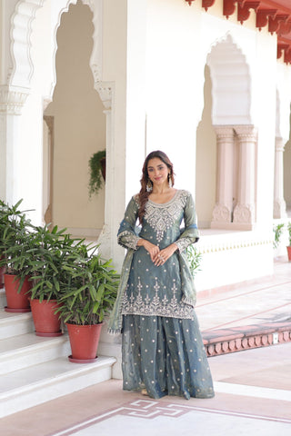 Designer Fendi Silk Kurti Sharara Set With Coding Sequins Embroidery