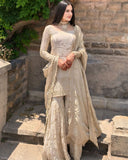 Beige cream colour sequence work sharara suit -Designer Suit M / White women's fashion mart