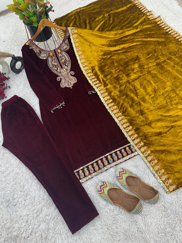 Delightful Embroidery Sequence Work Wine Color Salwar Suit