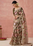 Brown Organza Printed Woven Worked Designer Saree - women's fashion mart