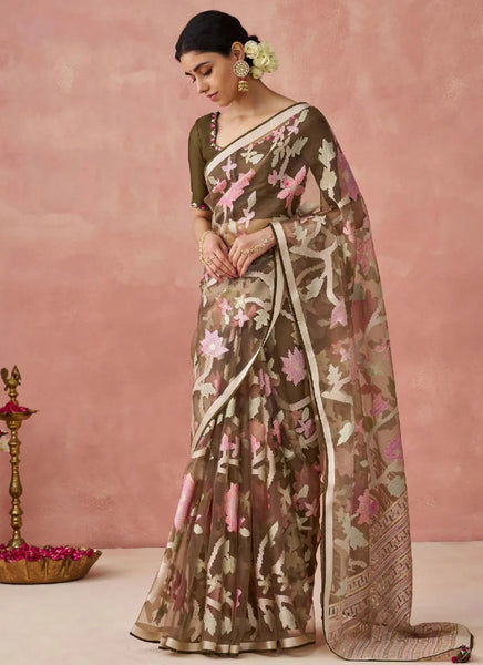 Brown Organza Printed Woven Worked Designer Saree - women's fashion mart