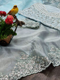 Organza silk Saree -Organza Saree Blue women's fashion mart